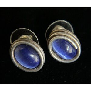 Vintage Modernist Sterling Silver Blue Cat's Eye Stud Earrings Oval Cabochon